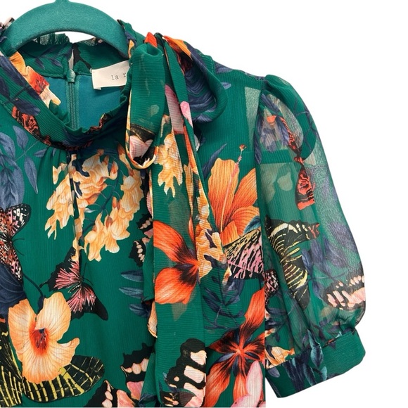 Green Floral Butterflies Mock Neck Sheer Short Sleeve Ruffle Maxi Dress Small - Picture 3 of 10